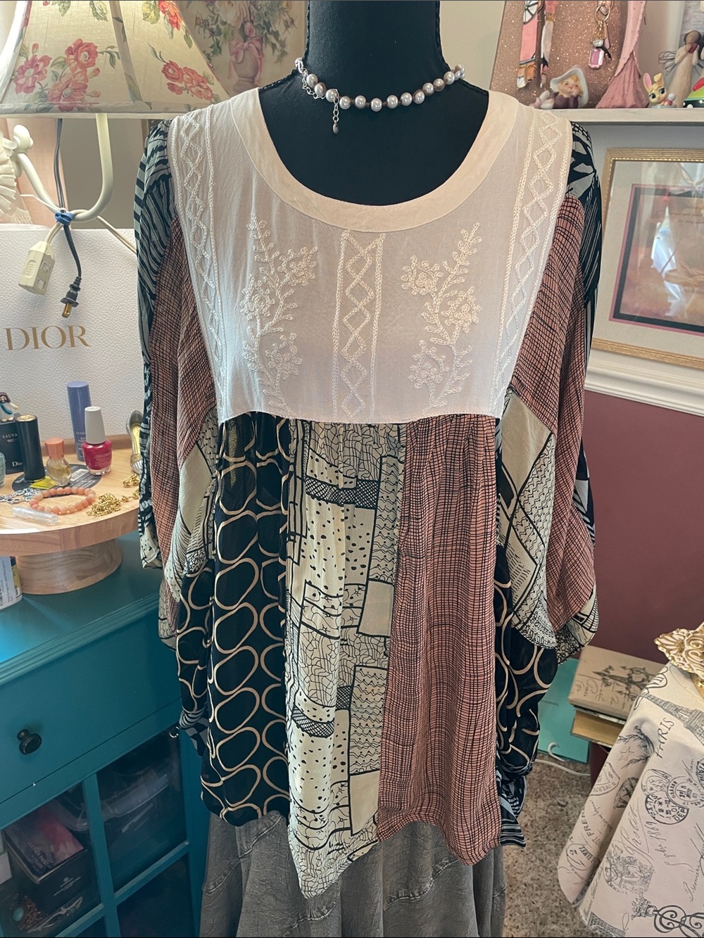 Young Threads Boho  Mixed-Pattern Tunic Top in Cream, Black and Brown